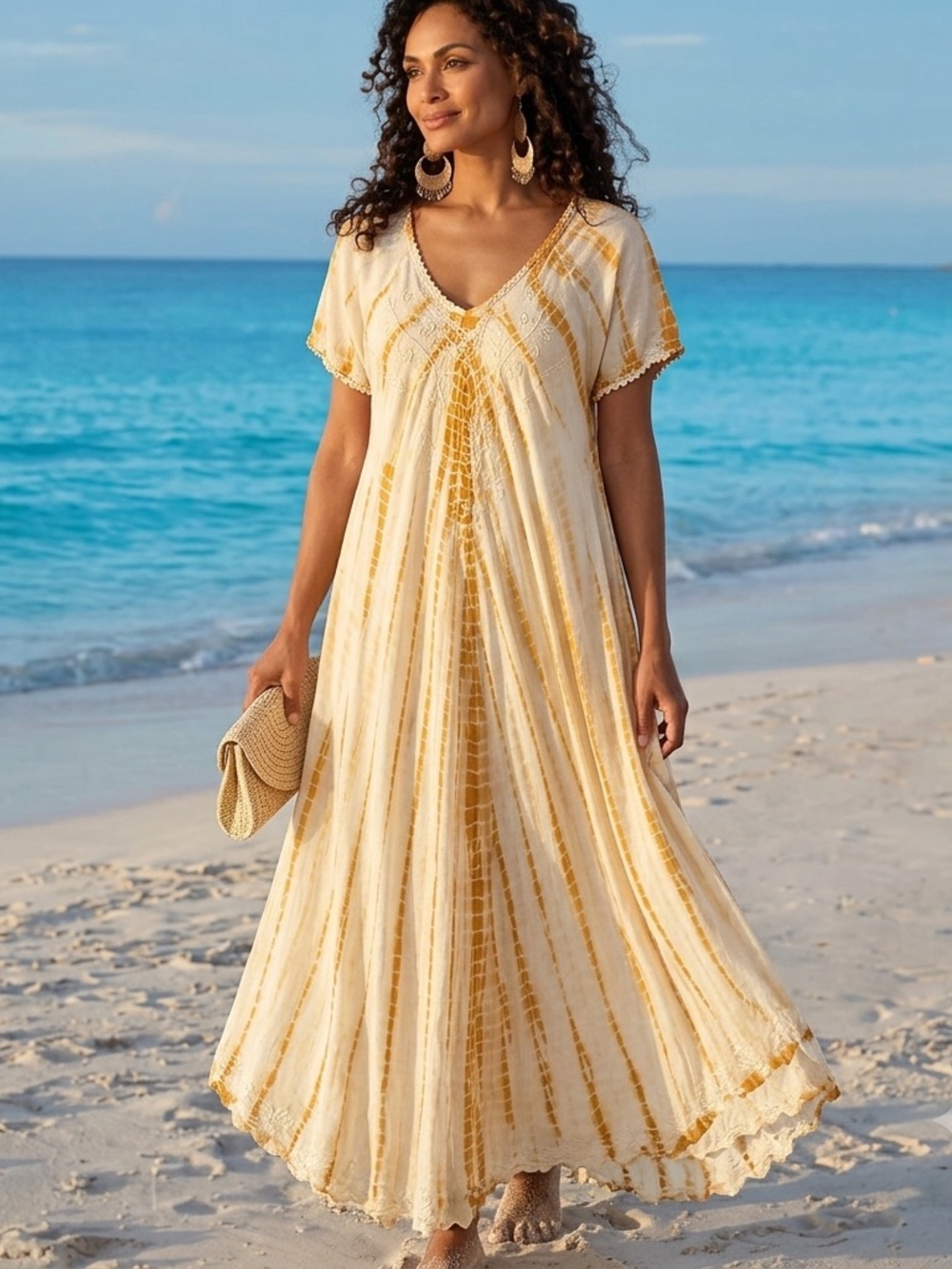 NEW Sakkas Tie Dye embroidered Caftan Dress Boho Festival ONE SIZE BEIGE NWT